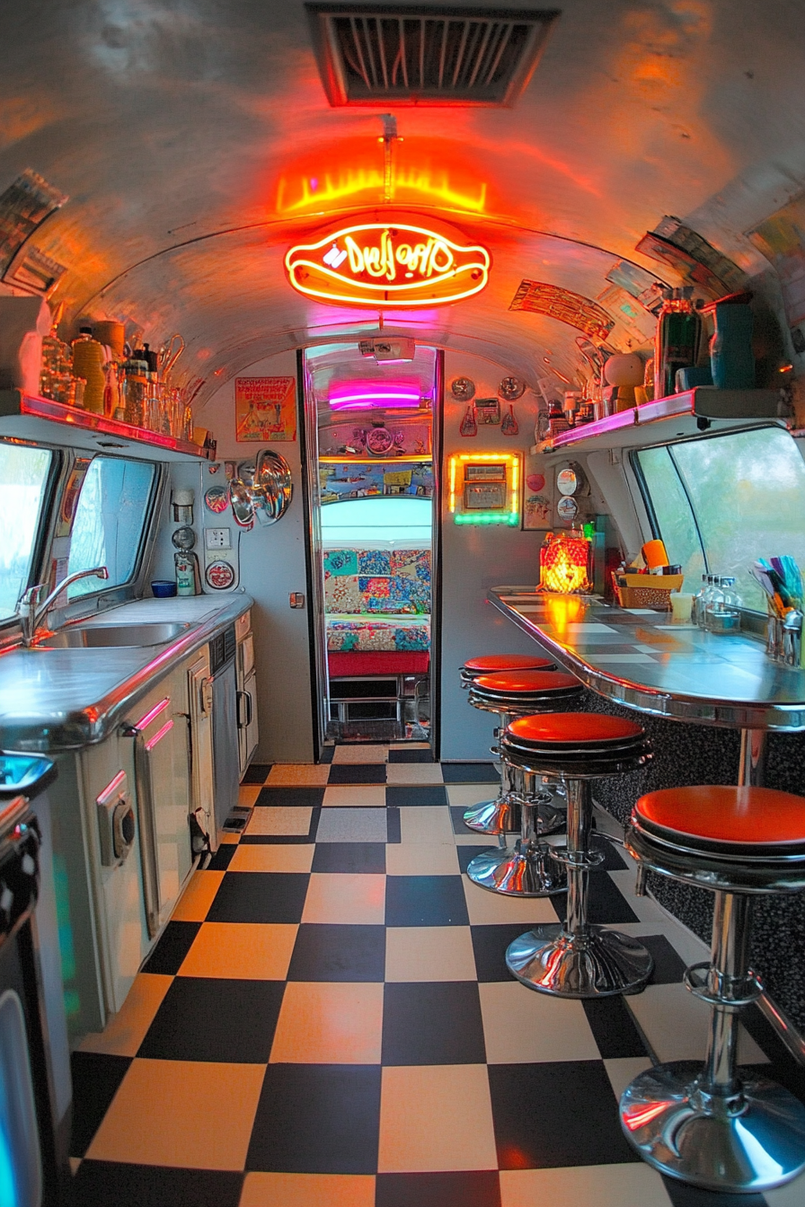 Retro-Style Camper Dining Space. Checkerboard floor, neon diner sign, chrome bar stools.