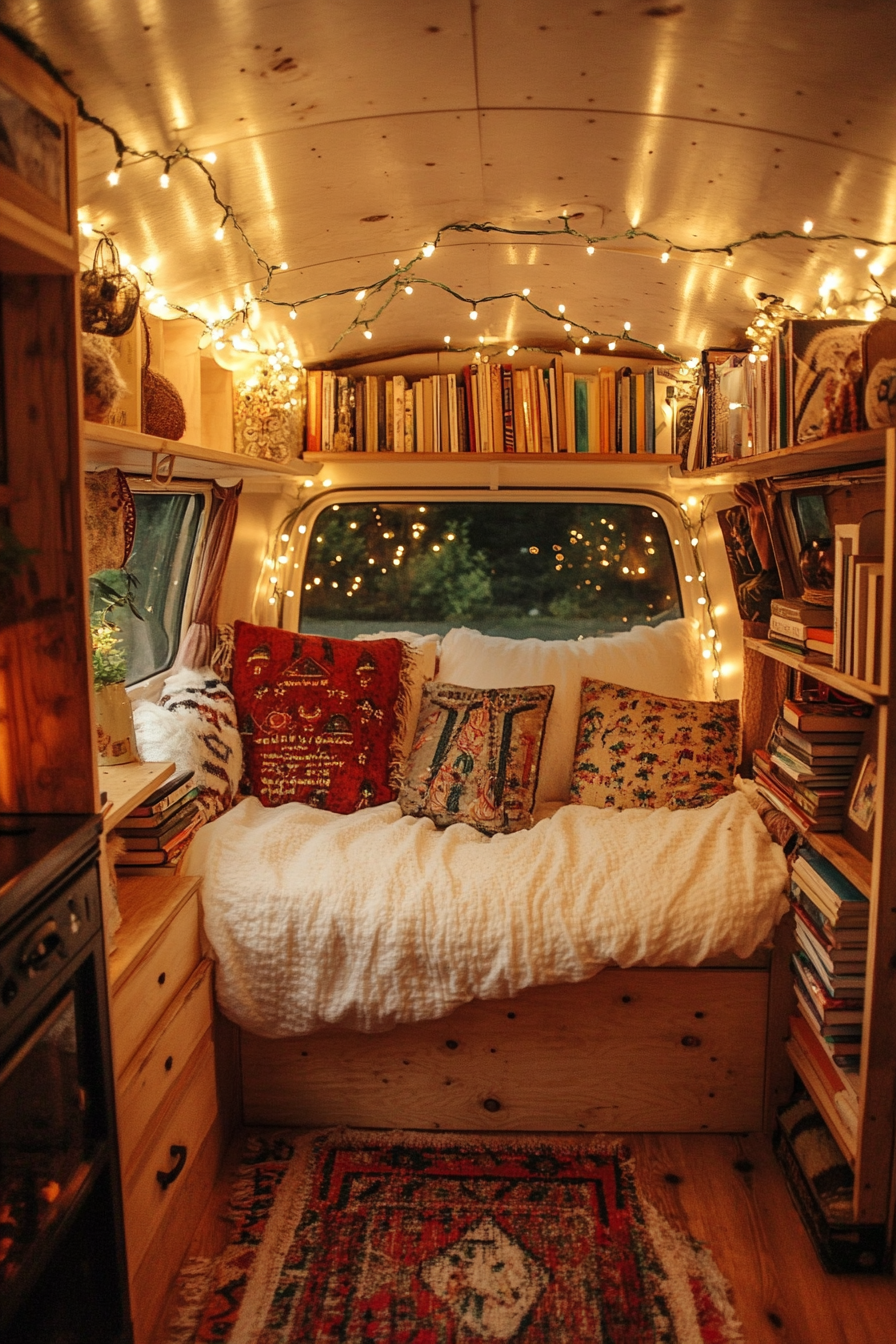 Eco-friendly van reading corner. Fairy lights entwined over birch wood book storage.