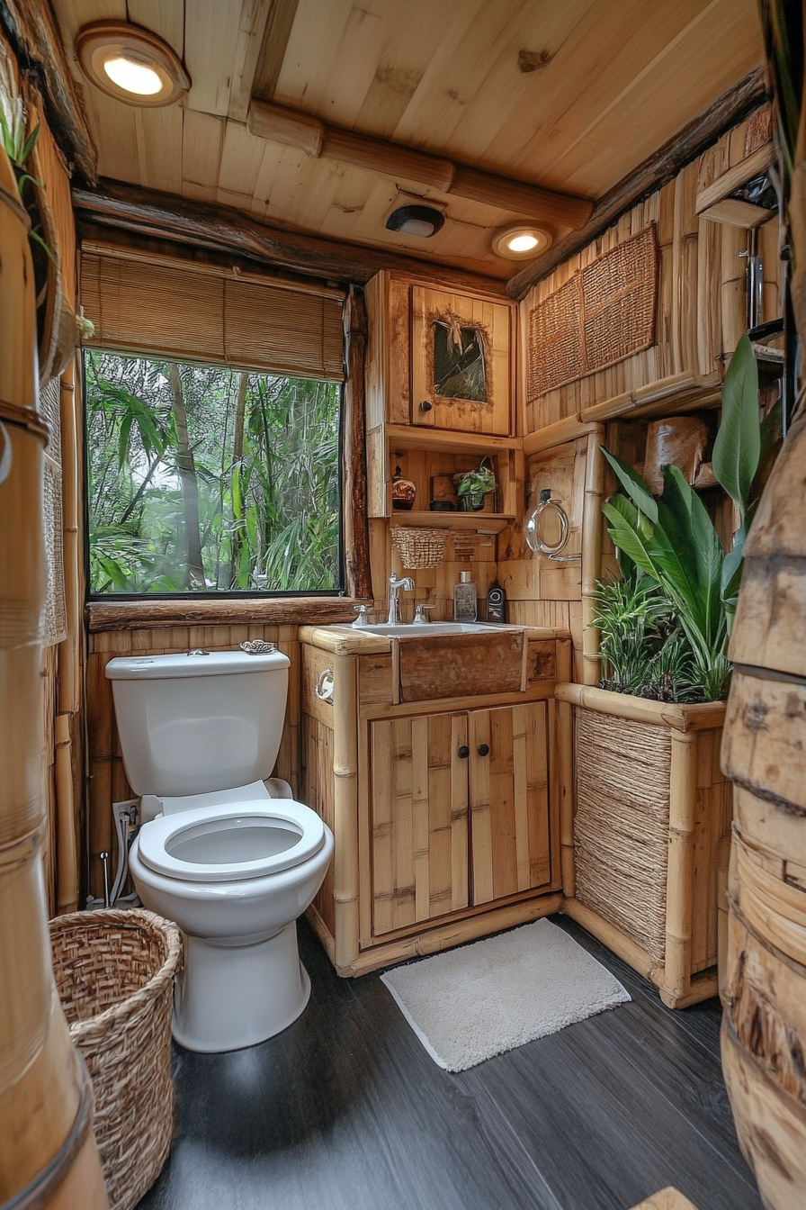 Sustainable tiny bathroom. Composting toilet beside bamboo cabinetry.