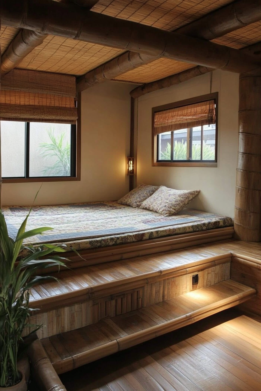 Zen-style RV bedroom. Wooden platform bed with woven bamboo blanket.