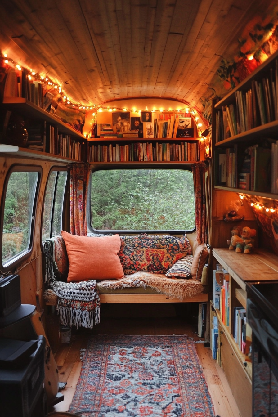 Van reading corner. Fairy lights, vintage chairs, hanging book storage.