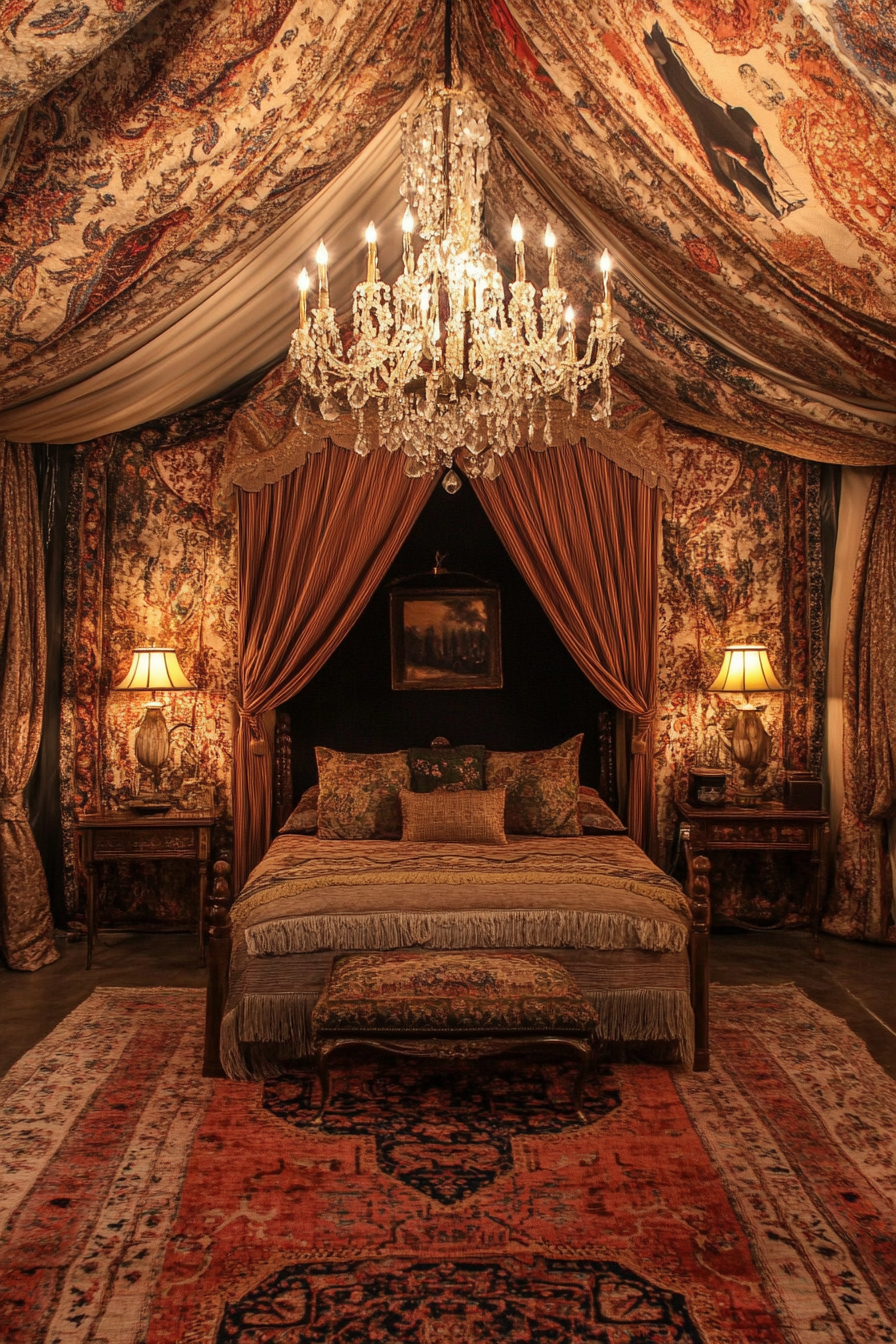 Glamping Tent Suite. Canvas walls, Persian rugs, gold-trimmed crystal chandelier.