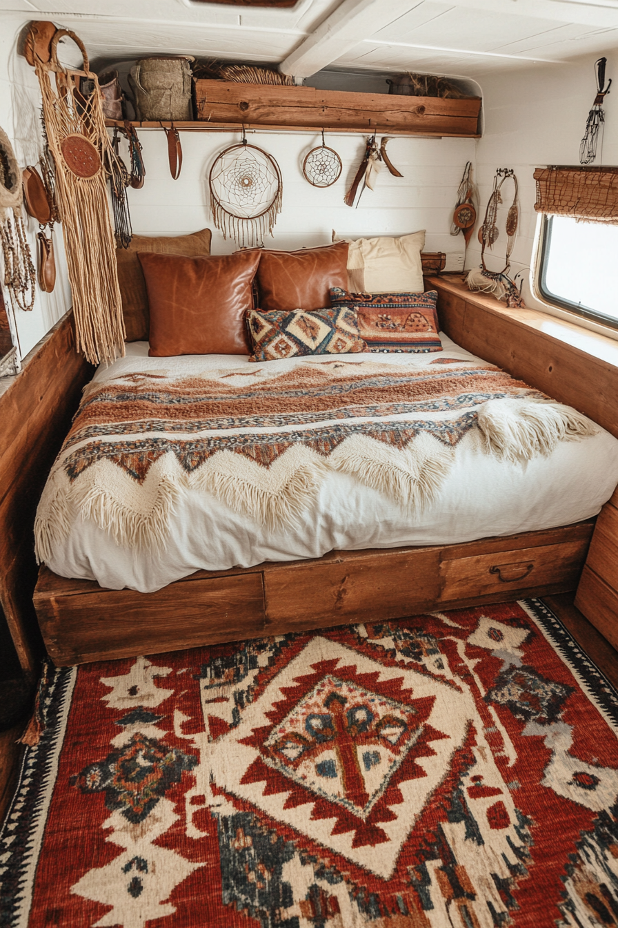 Van bedroom. Navajo rug, tan leather pillows, wooden dreamcatchers.