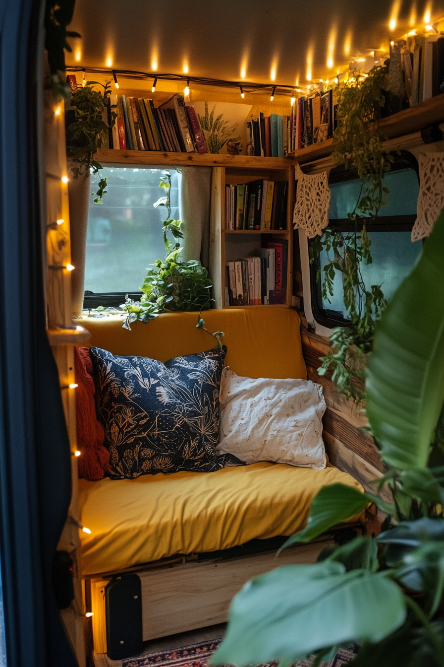 Eco-friendly van reading corner. Recovered wooden shelf with low power LED fairy lights.