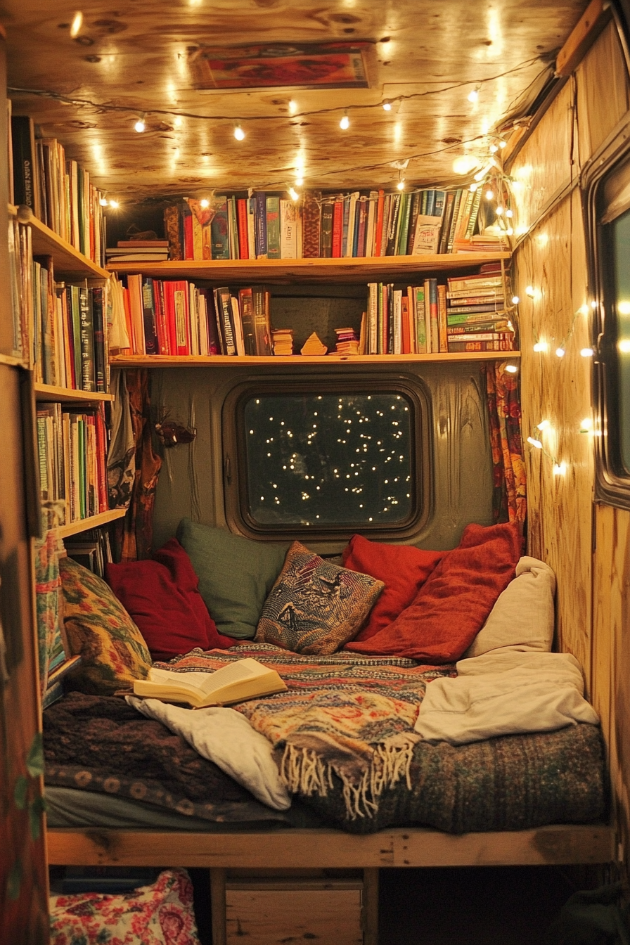 Van reading corner. Pallet wood bookshelves, cotton fairy lights, recycled cloth cushions.