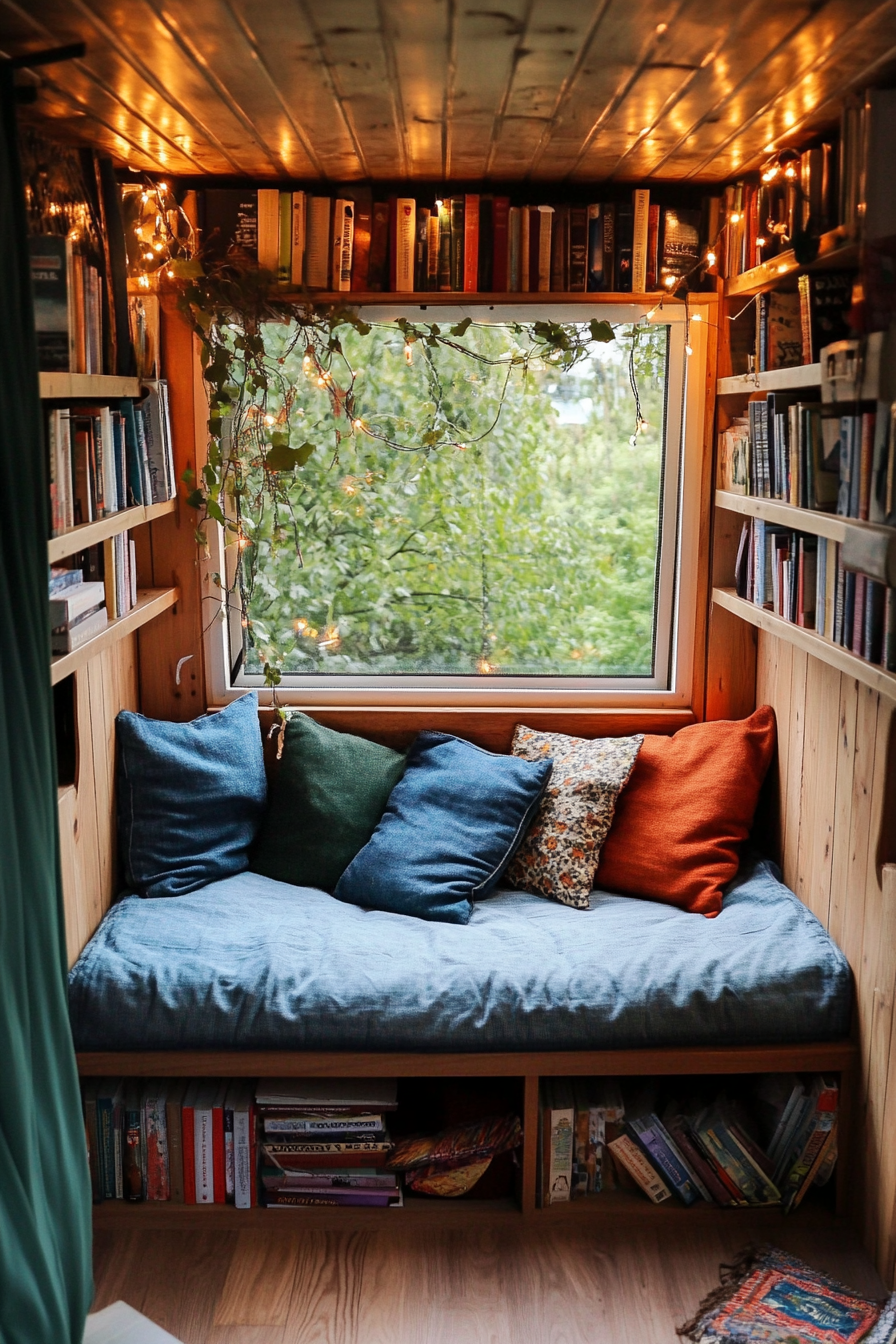 Van reading corner. Mango wood bookshelf, fairy lights, reused denim pillows.