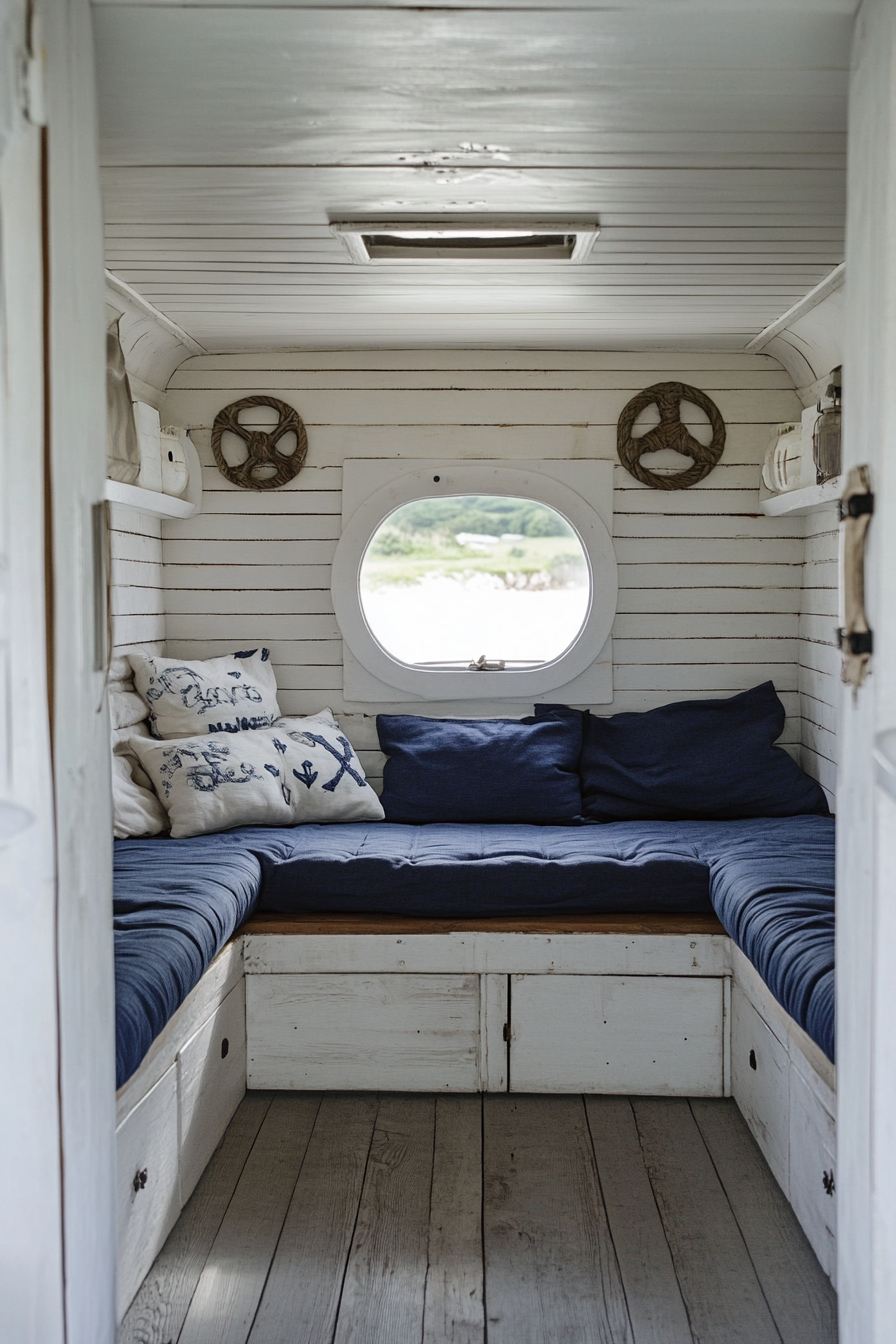 Camper living area. Whitewashed wooden paneling with decorated nautical knots and deep blue cushions.