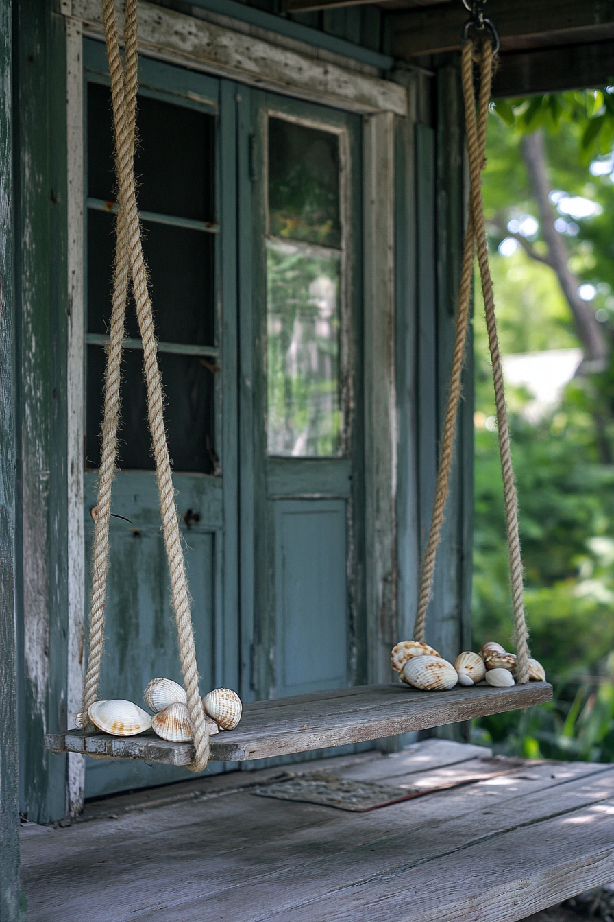 Tiny porch setting. Natural rope swing with seashells.