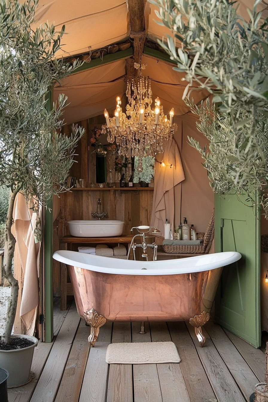 Luxury Glamping Bathroom. Copper clawfoot tub under a crystal chandelier, surrounded by potted olive trees.