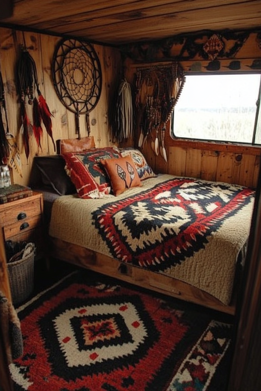 Van bedroom. Navajo rug, tan leather pillow, wooden dreamcatcher.