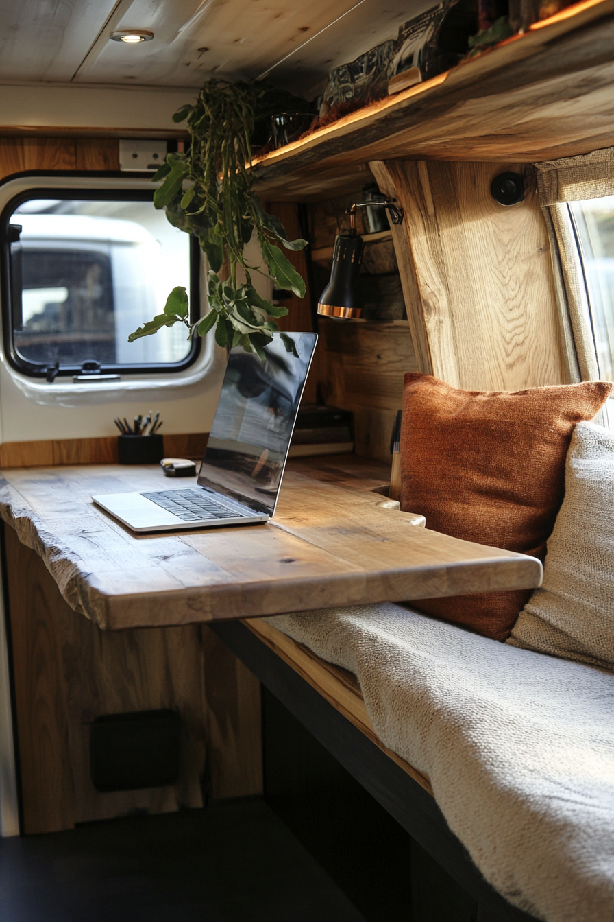 Sustainable sprinter van office space. Recycled oak desk with hemp seat cover.