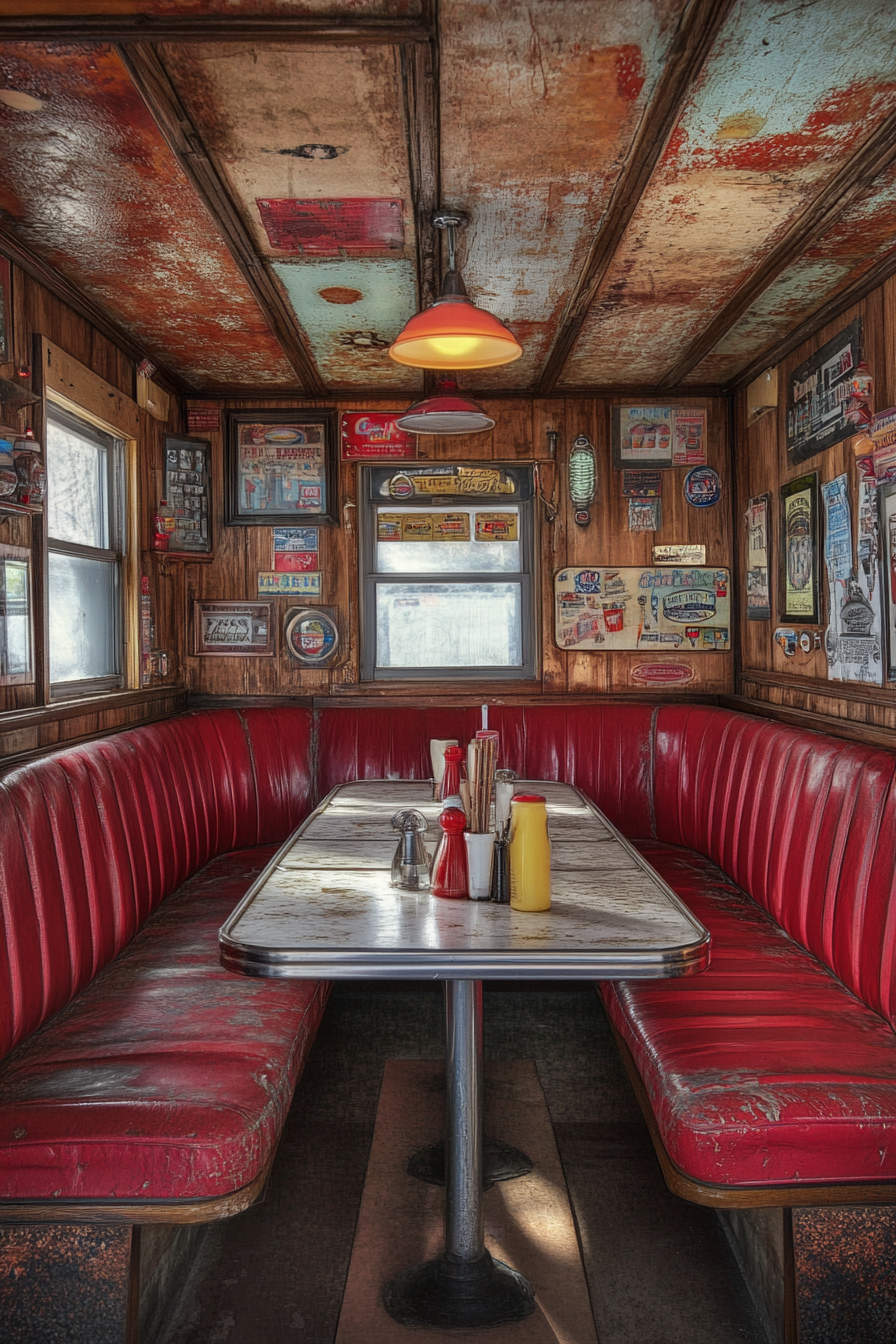 table, and decorative diner memorabilia.