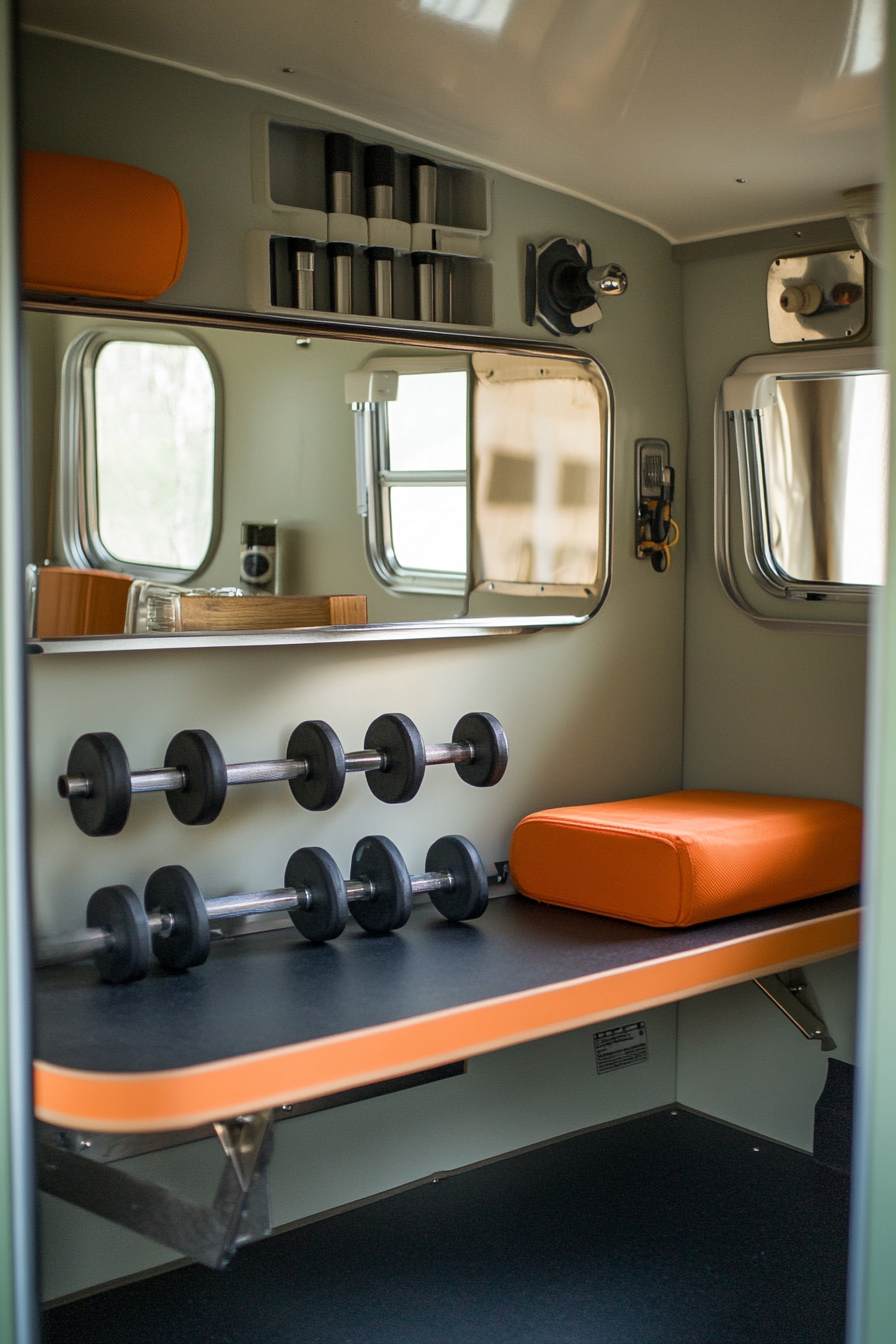 Exercise room in camper. Wall-mounted mirrors and foldable weights.