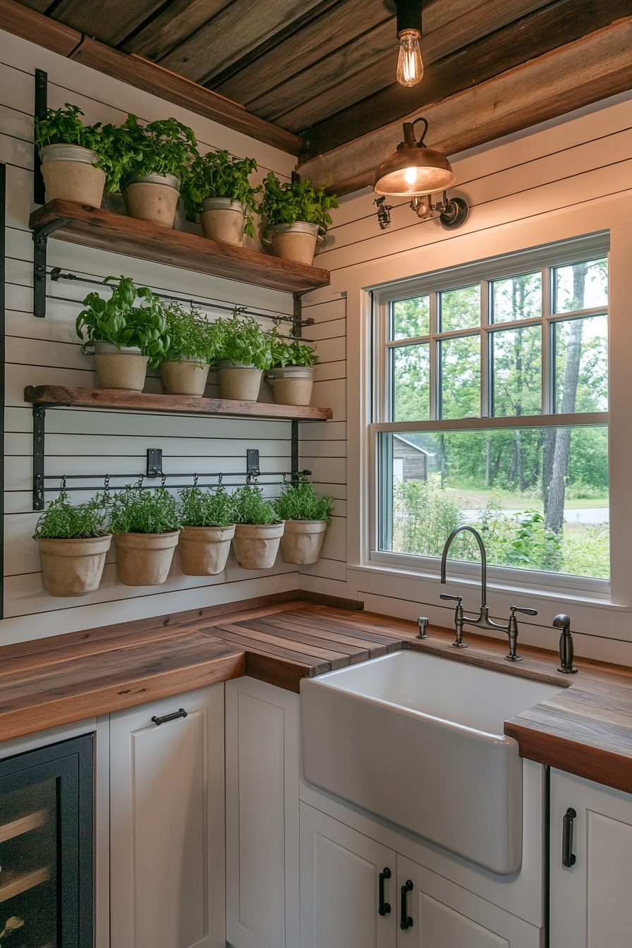 Modern farmhouse tiny kitchen. Butcher block counters, apron sink, window with hanging herb pots.