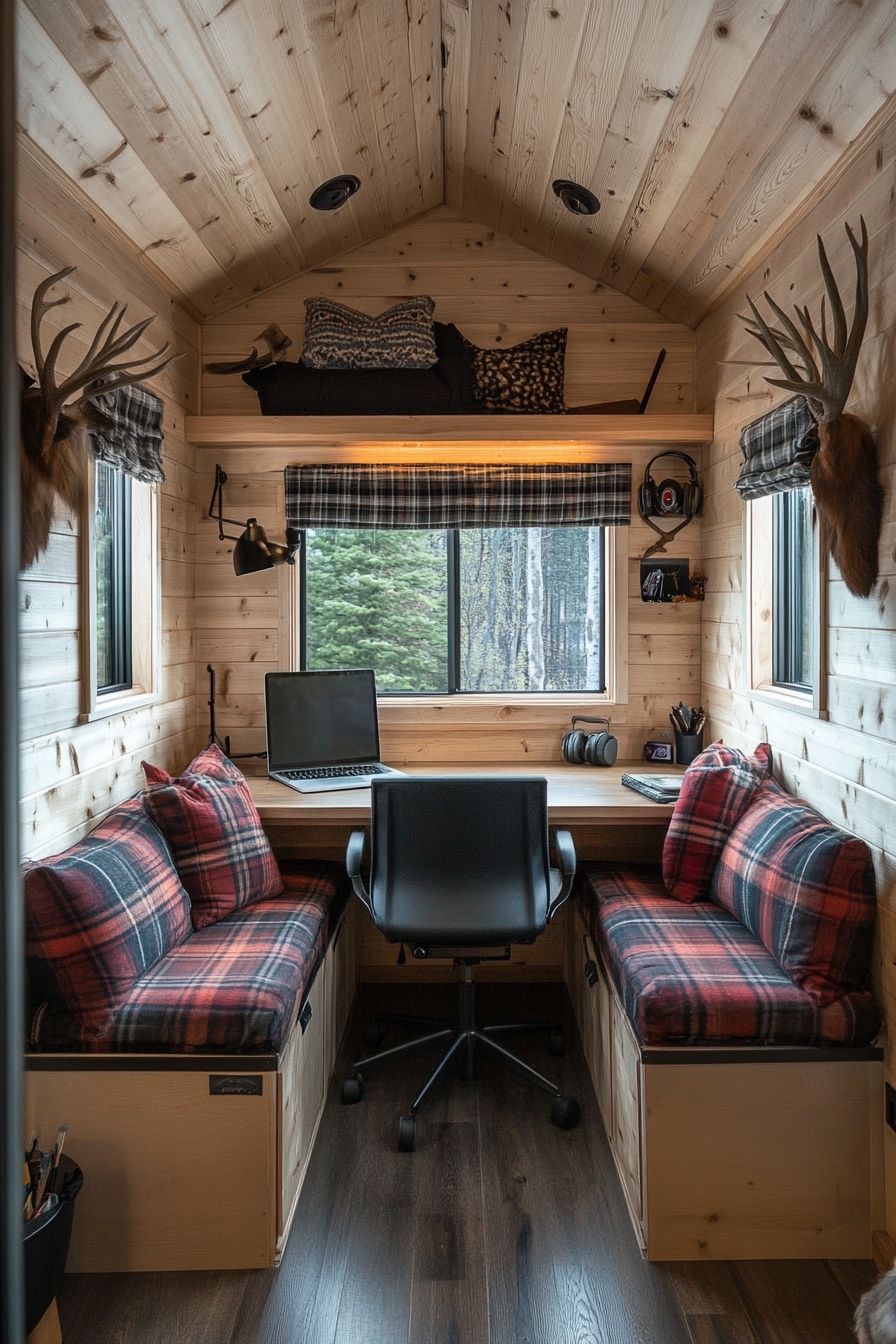 Alpine tiny house office. Pine desk with plaid cushions and antler hooks.