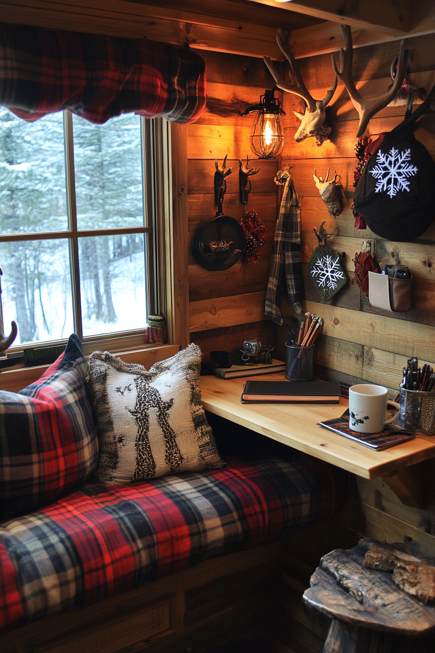 Alpine Tiny House Office. Pine desk, plaid cushions, antler hooks, snowflake-patterned coffee mug.