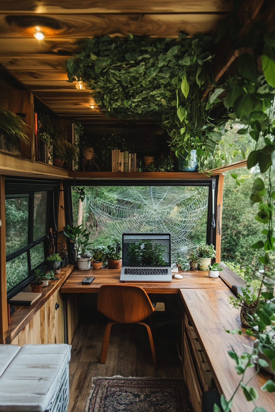 Biophilic van workspace. Green epiphytes web on cedar ceiling with cherry table.