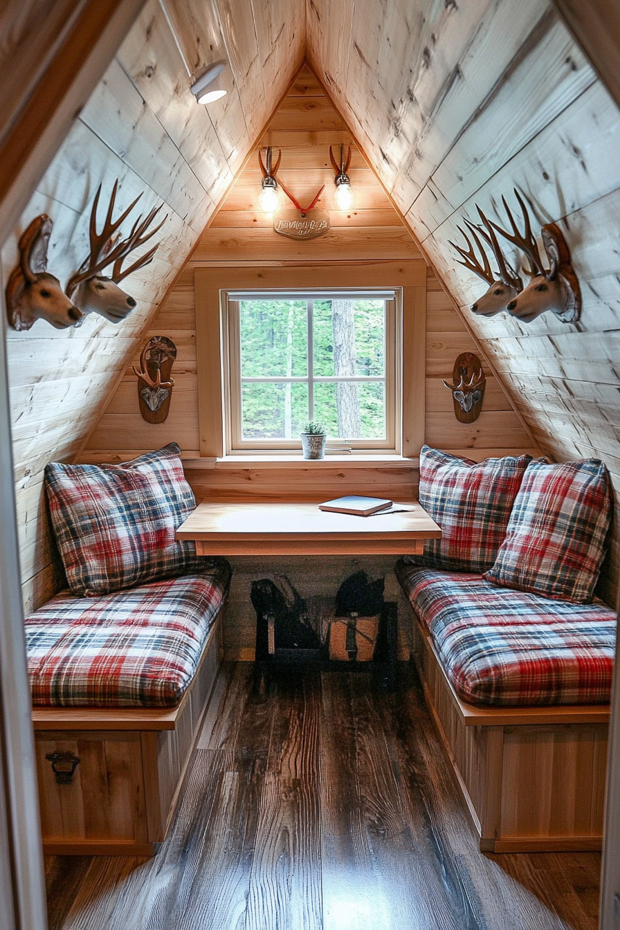 Alpine tiny house office. Pine desk with matching antler hooks and plaid cushions.