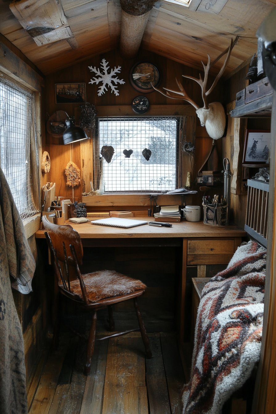 Alpine Tiny House Office. Pine desk with wired meshing, antler hooks and snowflake blanket.