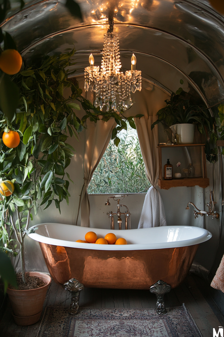 Luxury glamping bathroom. Copper clawfoot tub amidst indoor citrus trees under crystal teardrop chandelier.