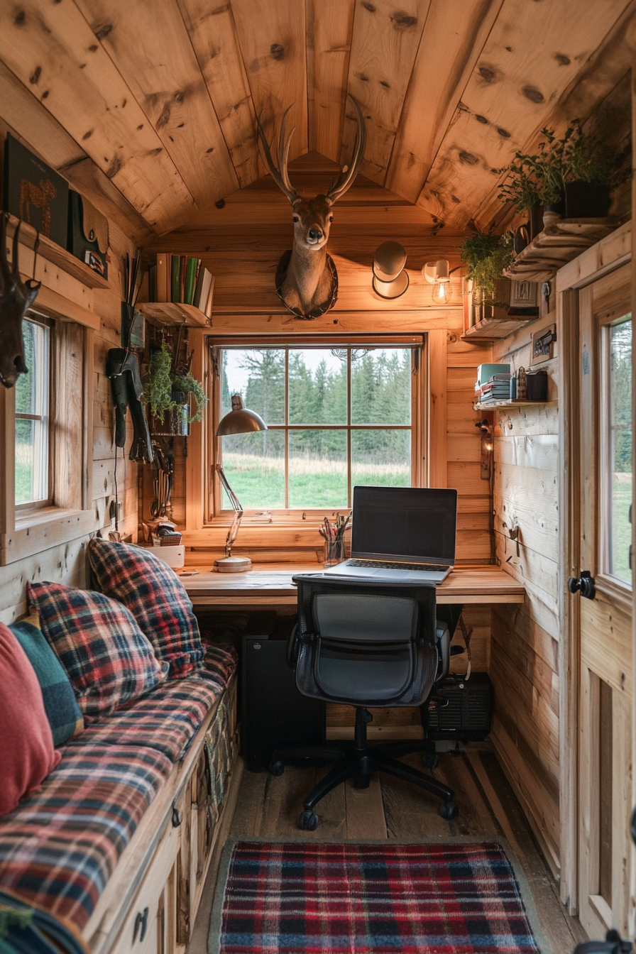 Alpine Tiny House Office. Pine desk, plaid cushions, antler hooks.