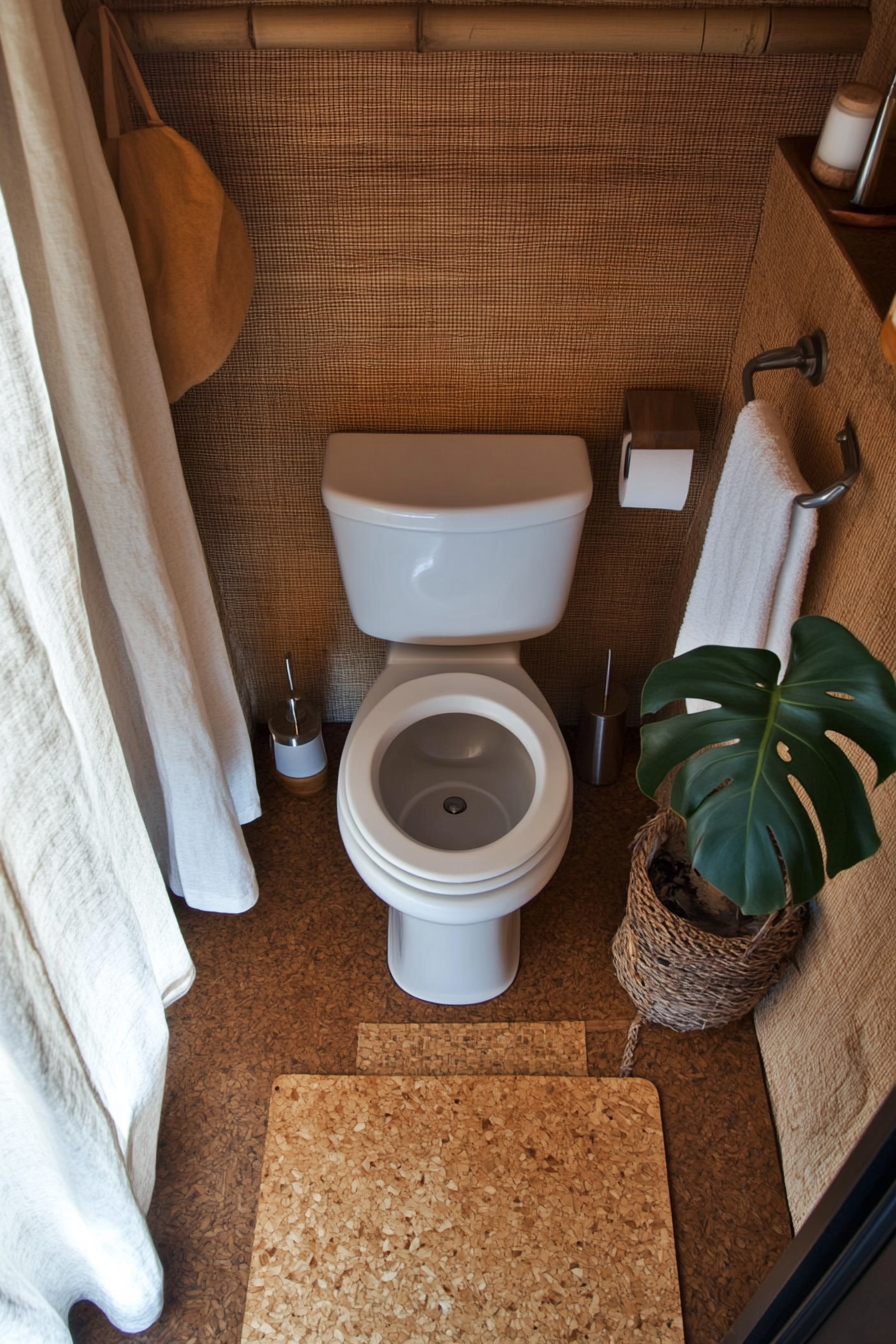 Sustainable Tiny Bathroom. Cork flooring, composting toilet, bamboo shower curtain.