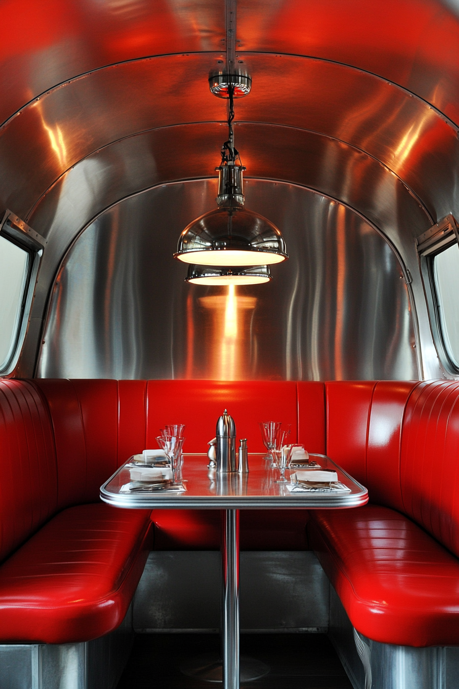 Vintage Airstream dining nook. Chrome finished pendant lights over red vinyl booth with formica table.