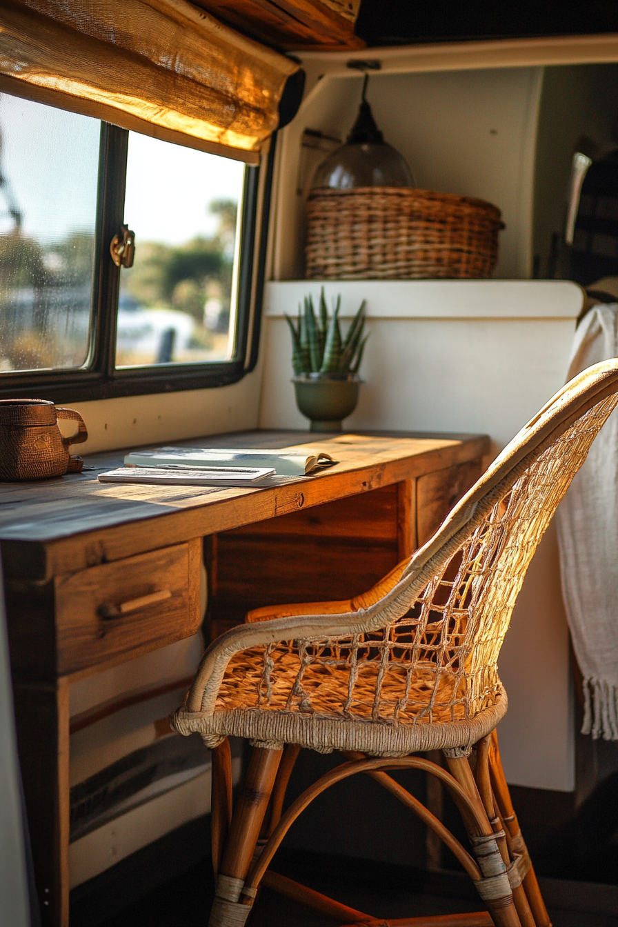 Sprinter van office. Recycled elm desk with hemp rattan chair.