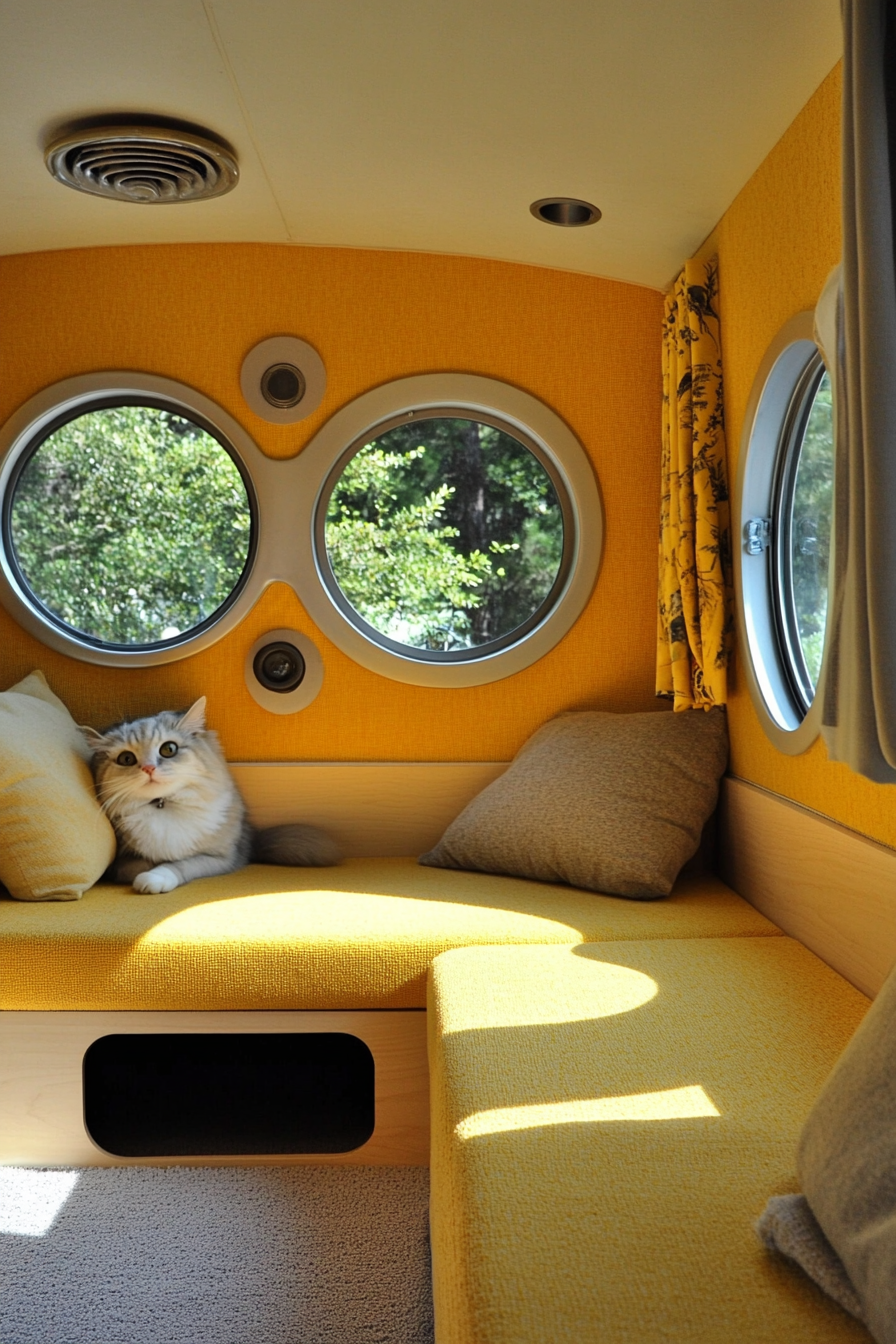 Camper lounge. Yellow scratch-proof seats and built-in cat bed under circular windows.