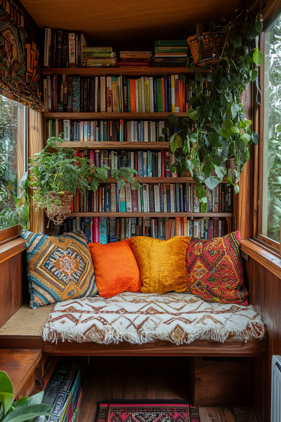 Tiny house library. Floating shelves filled with colorful book spines, green plants, and Moroccan cushions.