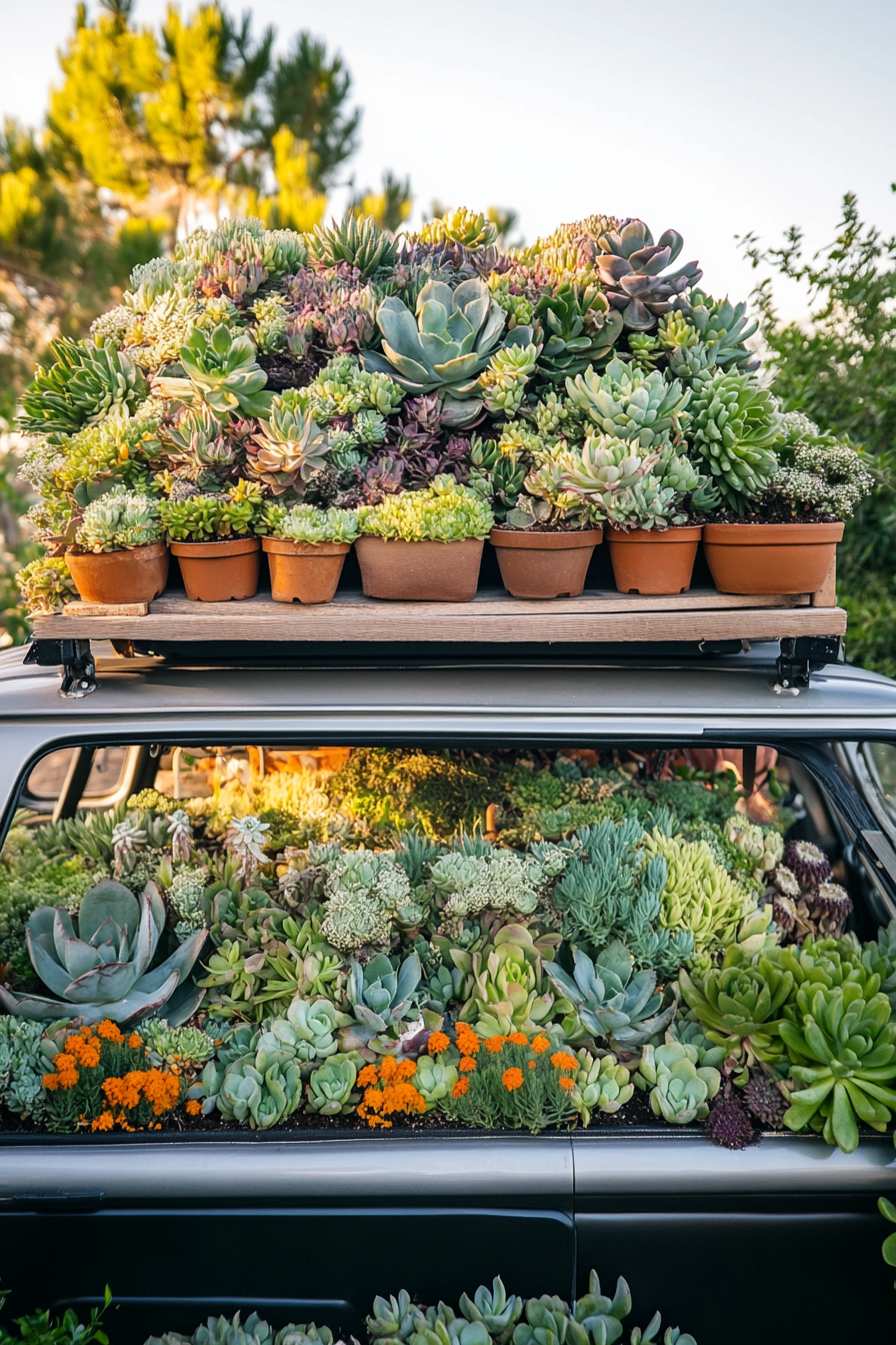 Biophilic van workspace. Living roof with succulent varieties.