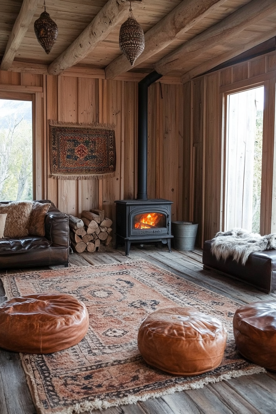 Rustic yurt living space. Antique wood stove, Moroccan tribal rugs, brown leather poufs.