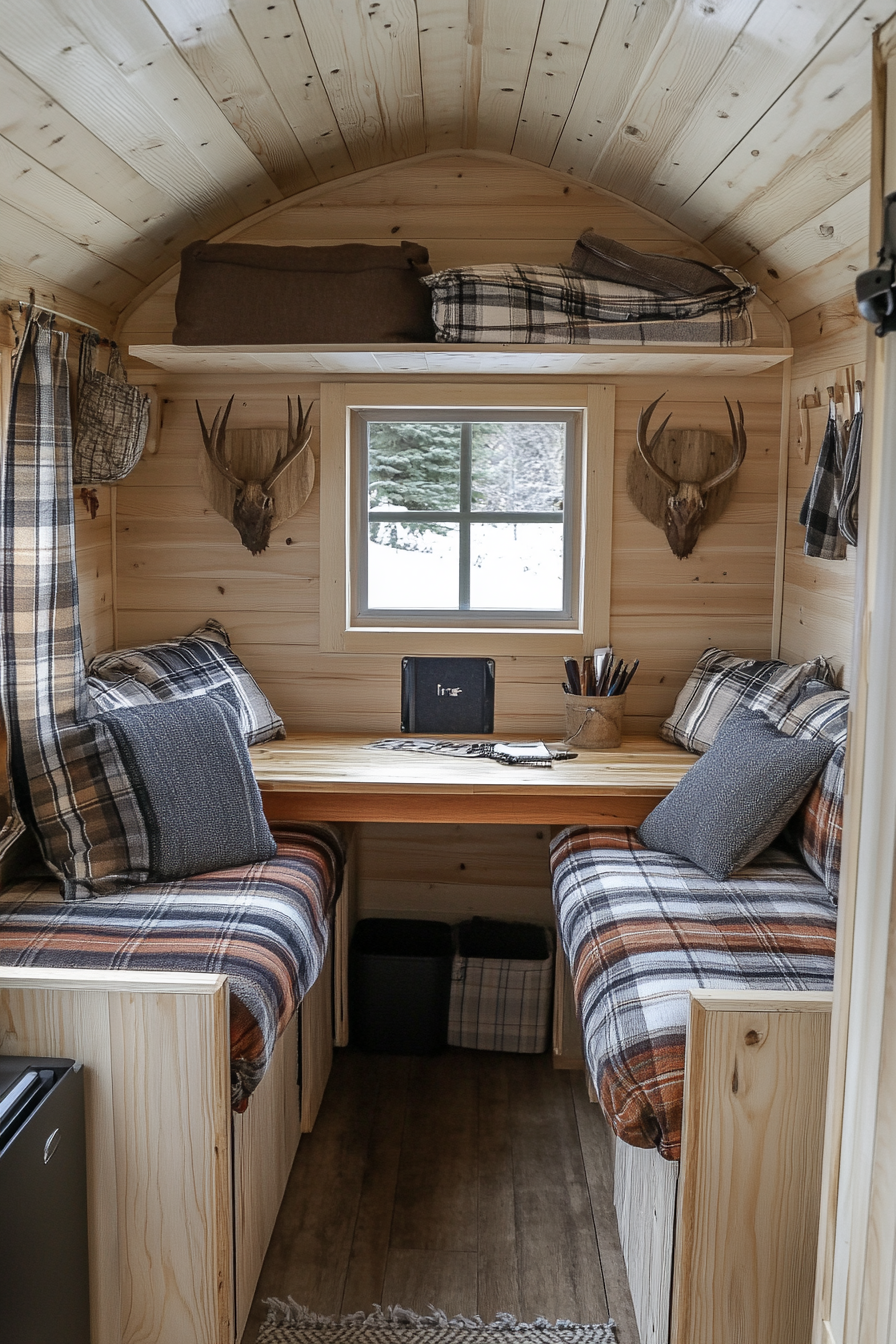 Alpine Tiny House Office. Pine desk, antler hooks, plaid cushions.