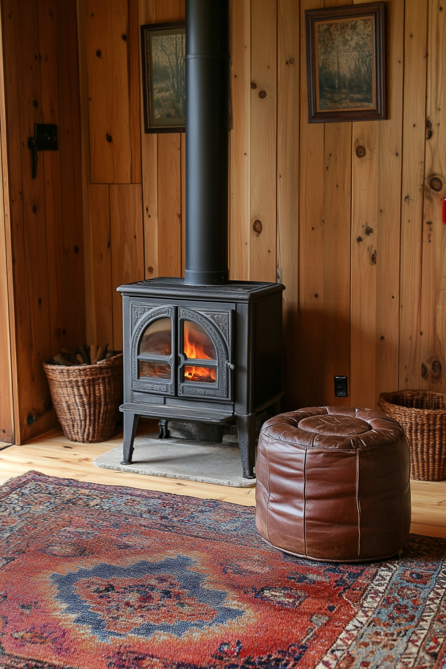 Rustic Yurt Living Space. Mid-century wood stove surrounded by Moroccan tribal rugs and brown leather poufs.