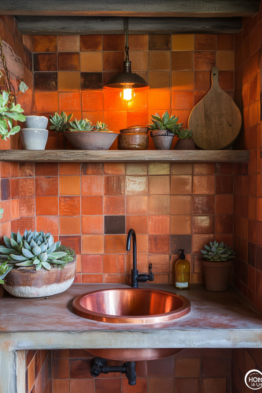 Desert Modern Tiny Kitchen. terra cotta tile walls, floating shelf displaying succulents, round copper sink.