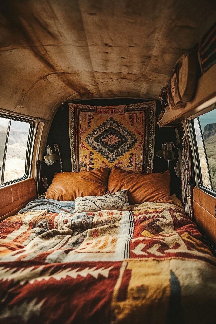 Van bedroom. Desert-bohemian aesthetic with Navajo tapestry and tan leather bedding.