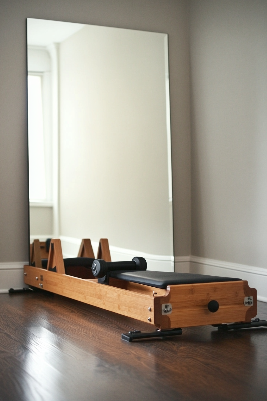 Exercise room. Minimalist woodgroove folding rowing machine against silver full-length mirror-wall corner.