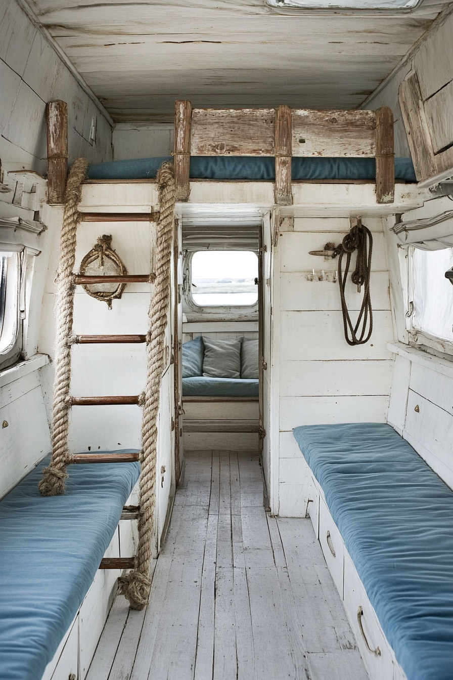 Camper living area. Whitewashed walls, rope ladder to loft, blue cushioned benches.