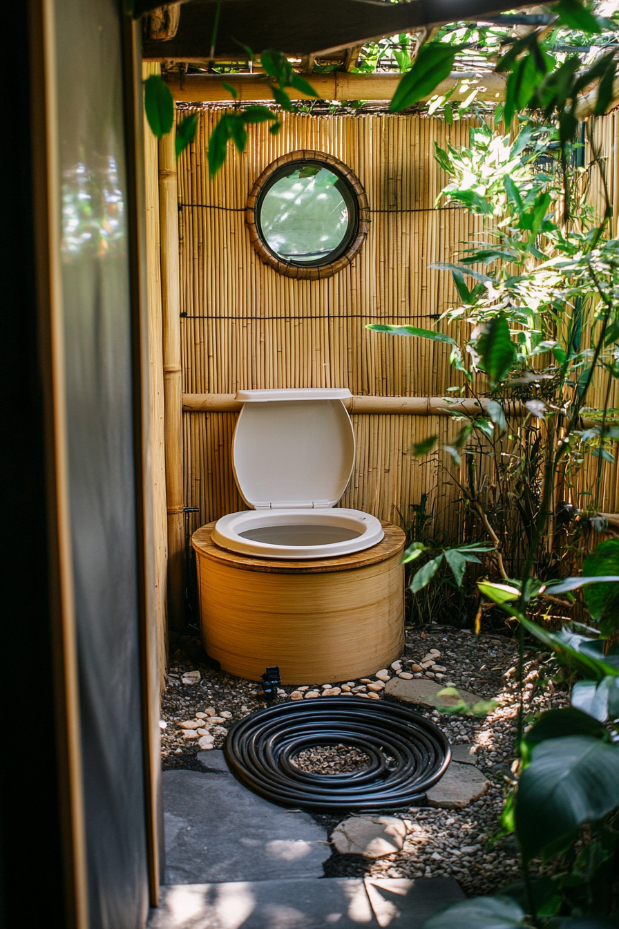 Sustainable tiny bathroom. Composting toilet against bamboo wall, spiraling grey water system.