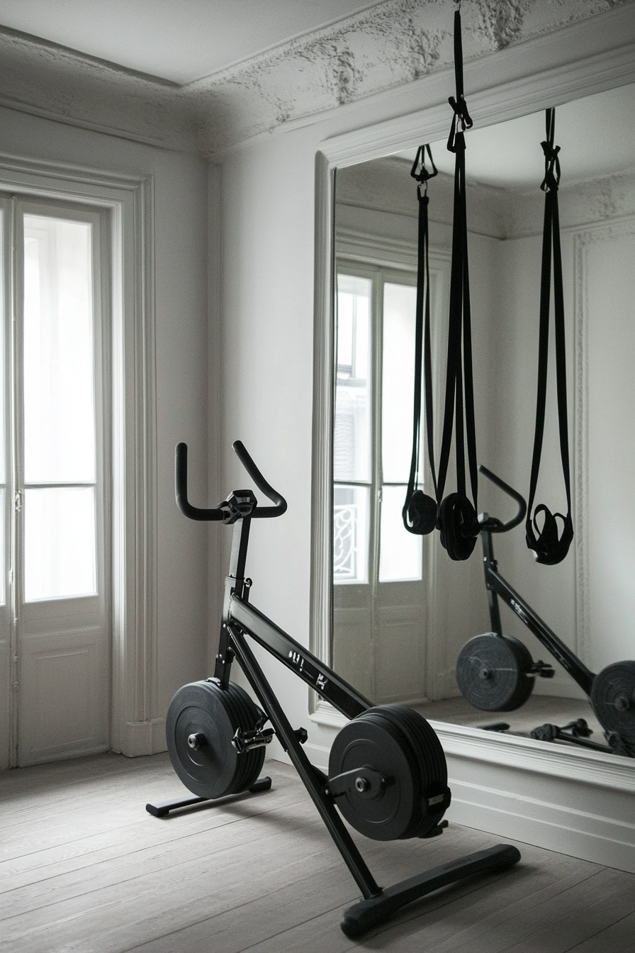 Exercise room. Minimalist design, foldable exercise bike, hanging resistance bands, mirrored wall.