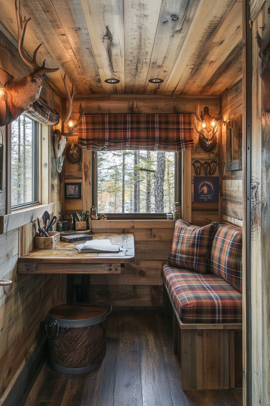 Alpine tiny house office. Rustic pine desk adorned with plaid cushions, flanked by antler hooks.