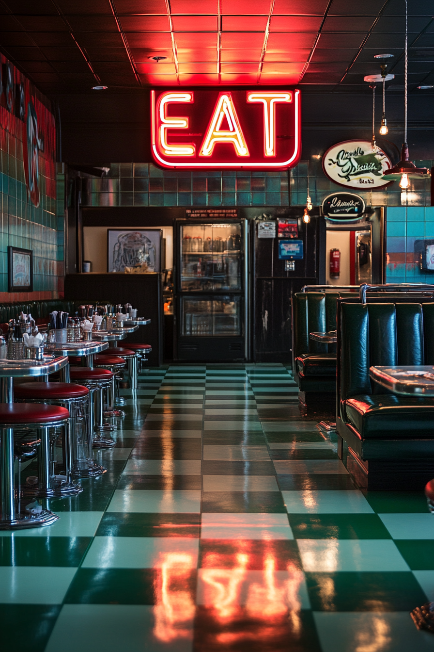 Dining space. Green checkerboard floor, unhook neon 'Eat' sign, chrome-trimmed table with vintage diner setup.