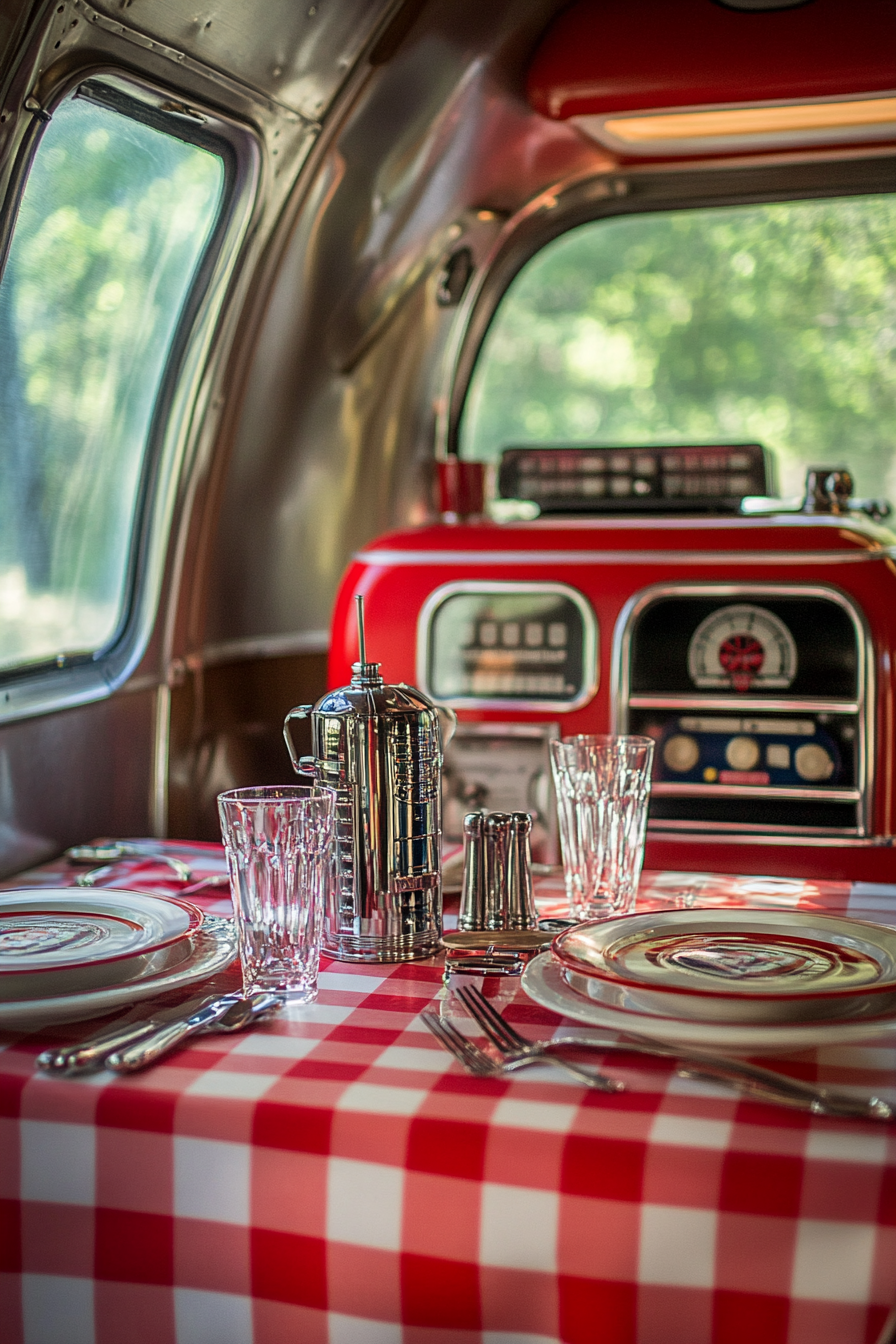 Vintage Airstream Dining Nook. Red and white checkered tablecloth, chrome tableware, jukebox centerpiece.