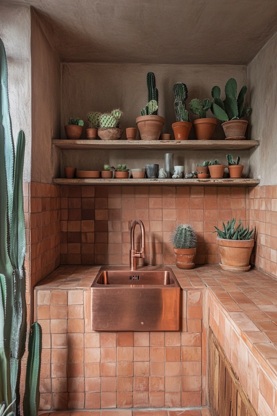 Modern tiny kitchen. Terracotta tiles combined with a copper sink and cacti shelf.