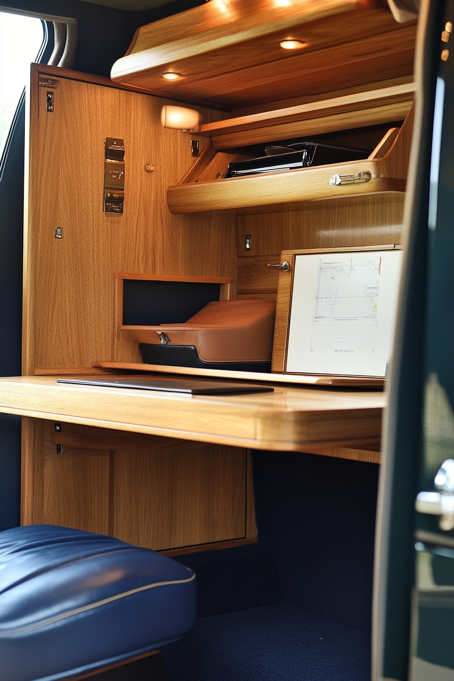 Convertible Van Office Suite. Navy leather swivel seat, oak murphy desk, hidden printer.