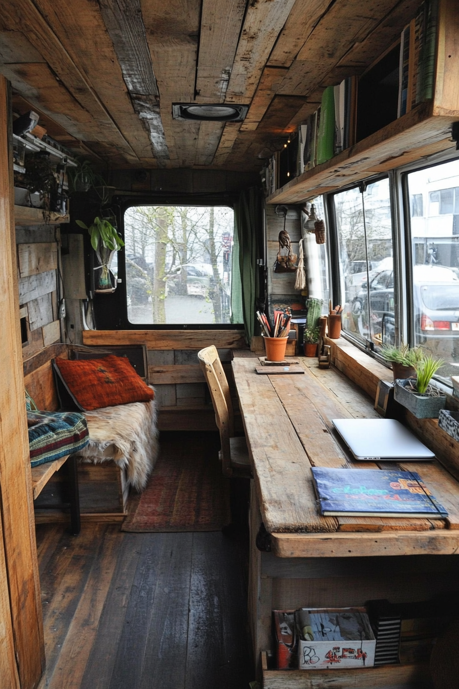 Sustainable Sprinter Van Office Space. Reclaimed wooden desk by the rear window.