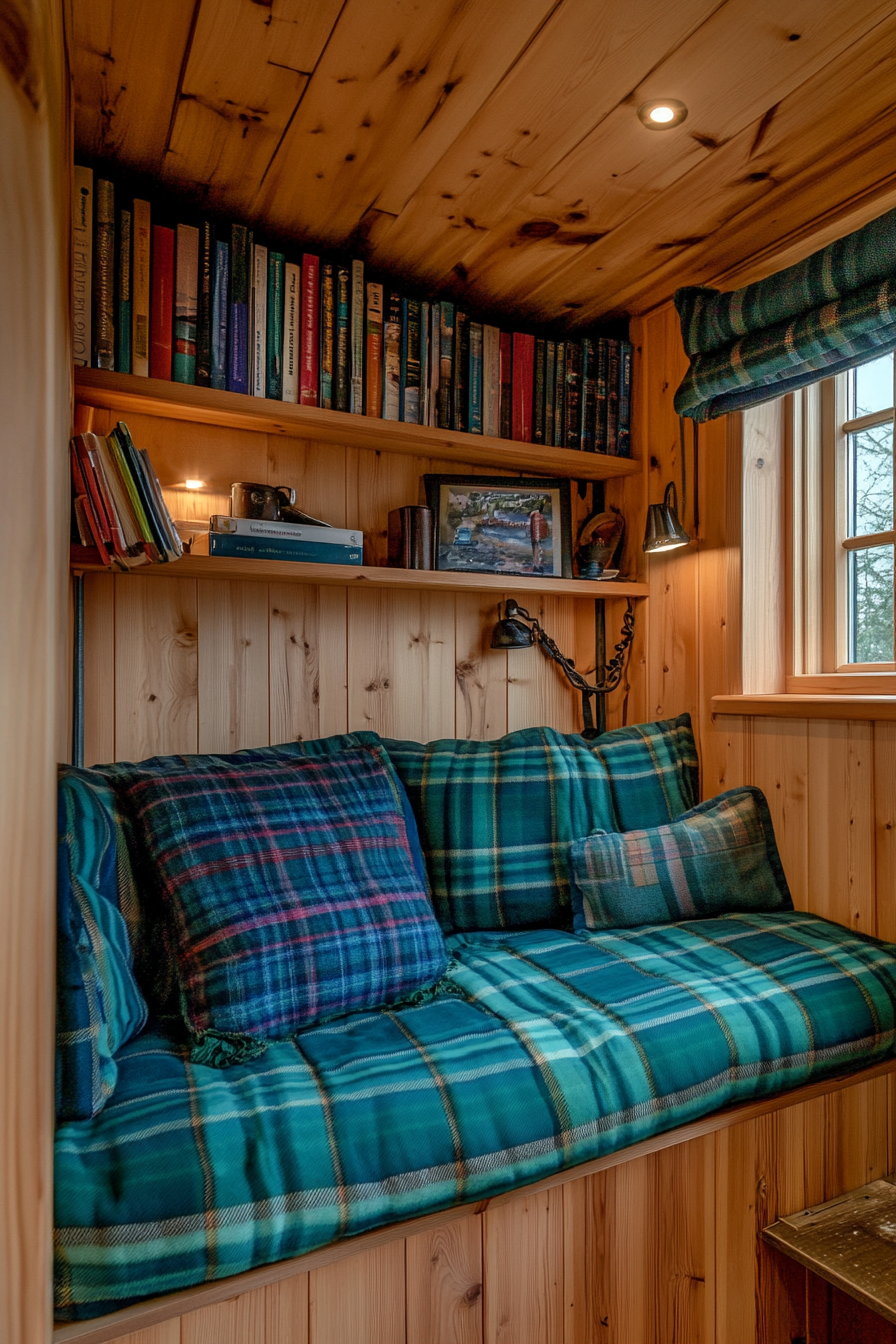 Alpine Tiny House Office. Pine bookshelf alongside of turquoise plaid cushions.