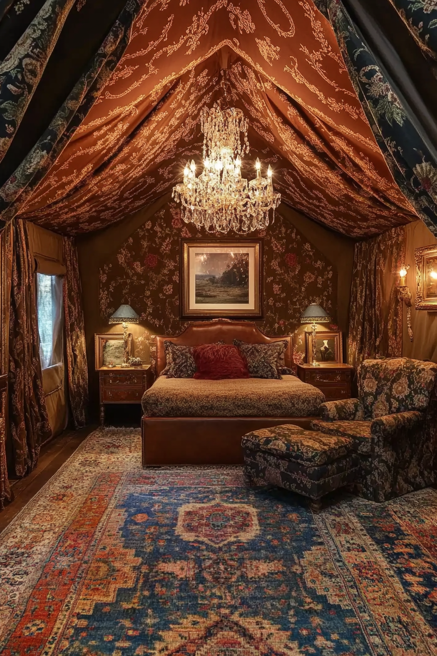 Luxury glamping tent suite. Canvas walls, persian rugs, adorned with a crystal chandelier.