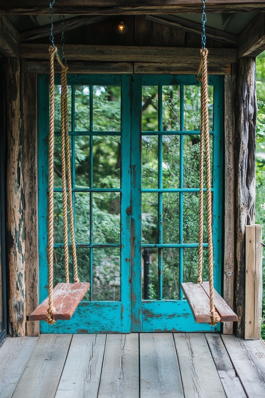 Tiny porch design. Rope swings paired alongside turquoise trellis weathered wood panel.