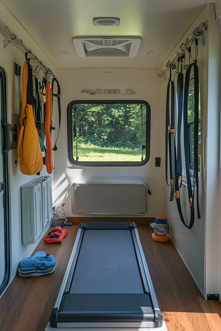 Exercise room in a minimalist camper with foldable treadmill and wall-mounted resistance bands.